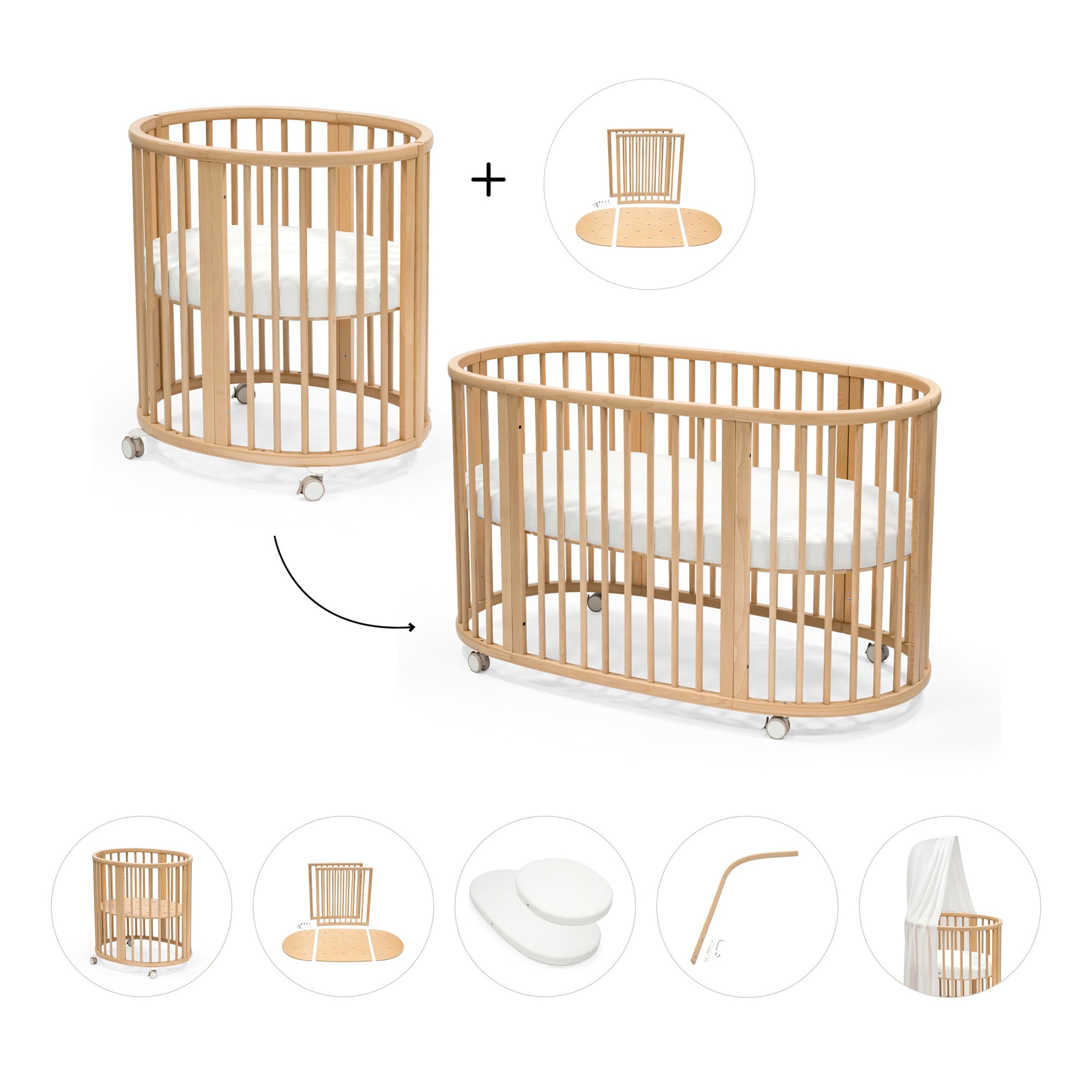 Stokke® Sleepi™ Bundle Sleepi Mini inkl. Umbausatz, 2 Matratzen und Spannbettücher, Himmelstange und Himmel